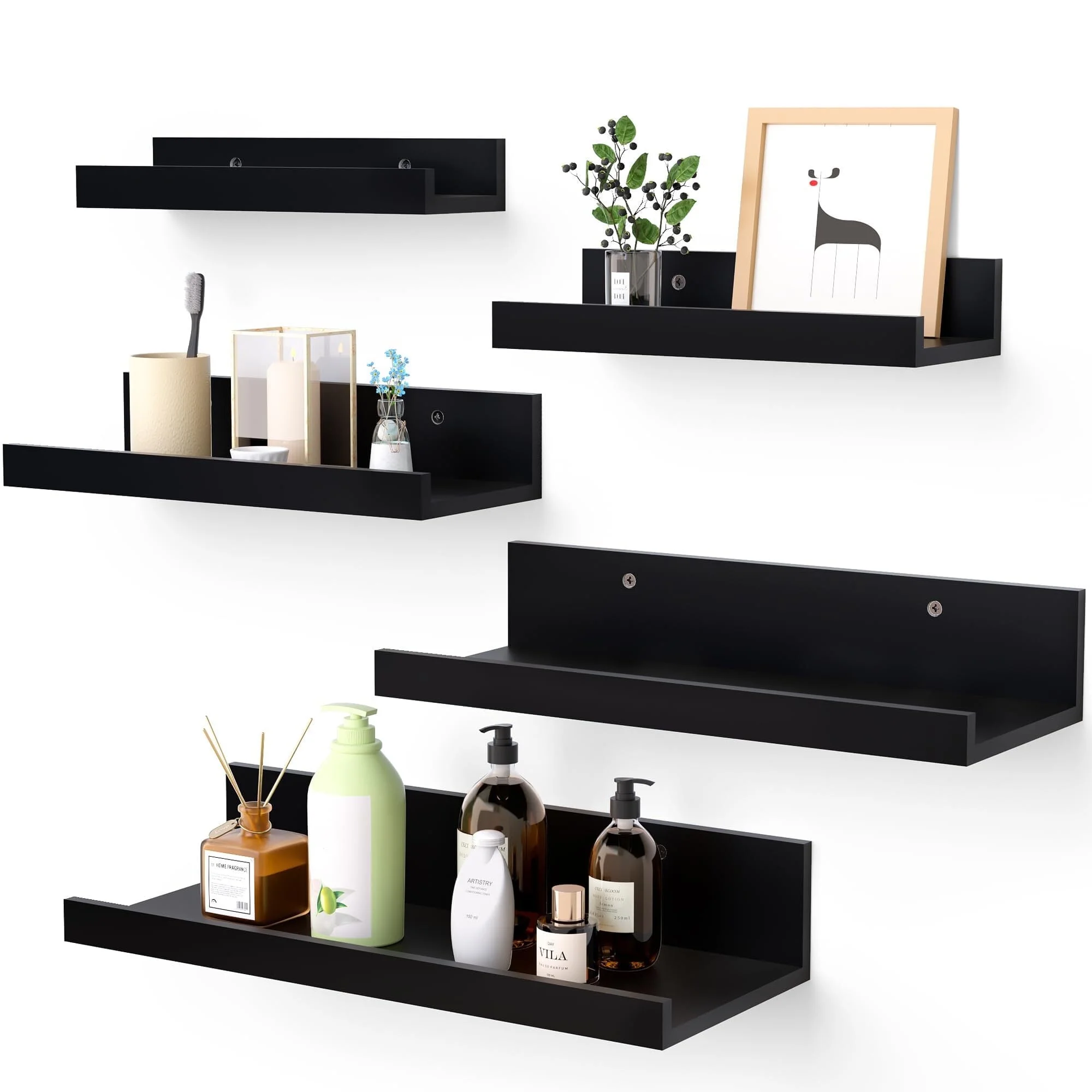 Floating Shelves, Sindcom Home Wood Shelf Wall Mounted, Set of 5, Multiple Sizes, Black