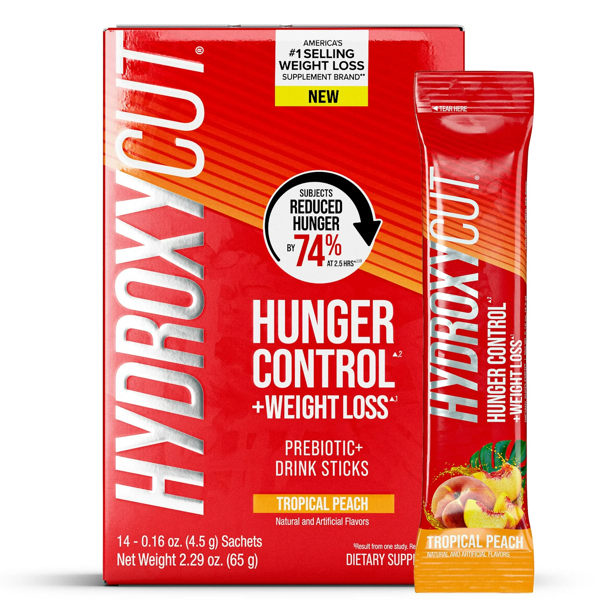Hydroxycut Hunger Control and Weight Loss Prebiotic Powder Drink Sticks, Tropical Peach, 14 Count